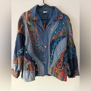 Vtg Parsley & Sage Botanical Floral Embroidered Button Up Denim Jacket Patchwork